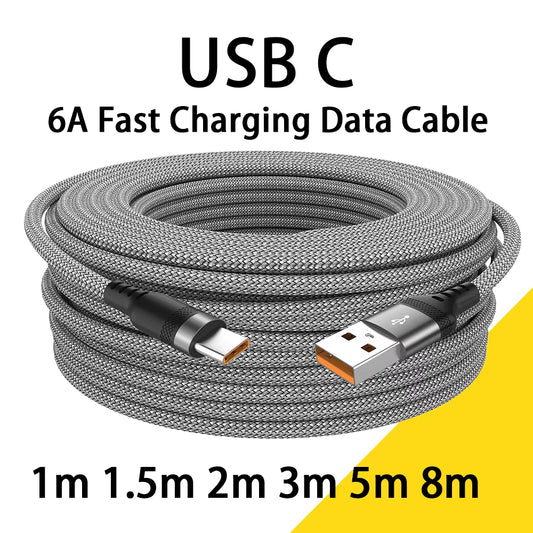 USB Type C 6A Super- Charging Cable for Huawei USB C Extended 1M 2M 3M 5M 8-Meter Cable for Xiaomi Vivo Leeco Oneplus Oppo